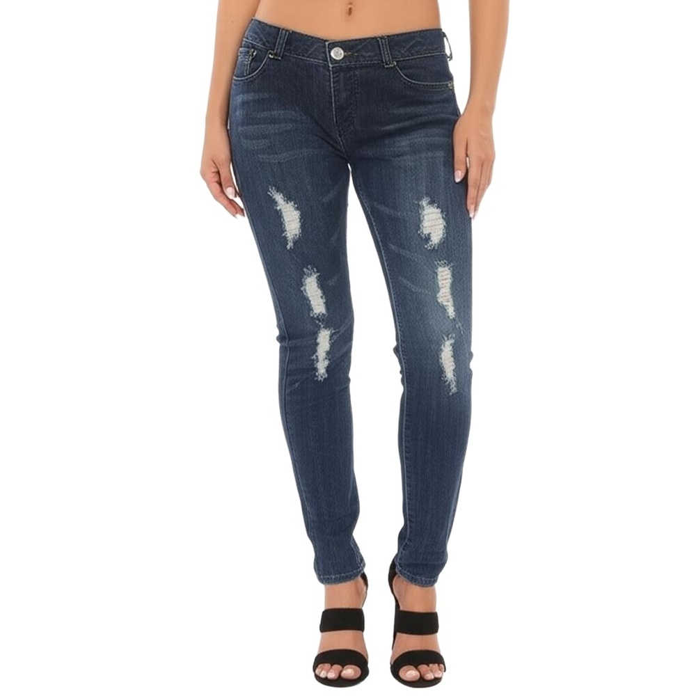 Q-IMAGE Womens Jeans Size‎ 11 Dark Blue Distressed Ripped Five-Pocket Edgy